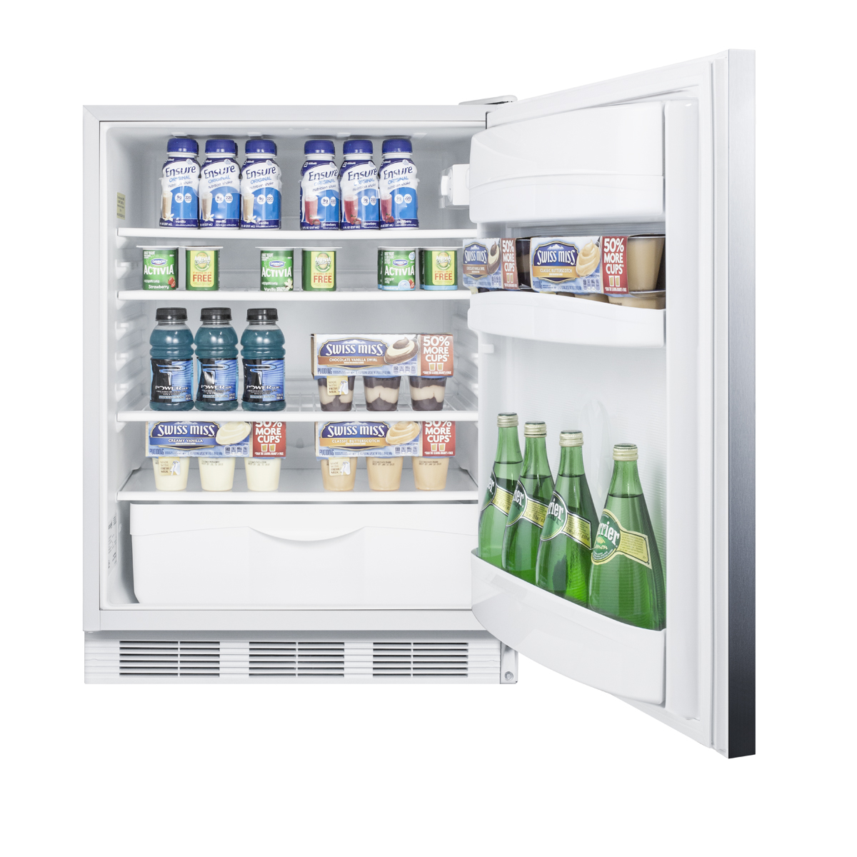 ADA compliant commercial all-refrigerator for built-in general purpose use, auto defrost w/lock, SS wrapped door, horizontal handle, and white cabinet